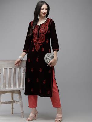hand embroidered black cotton lucknowi chikankari straight kurta 4