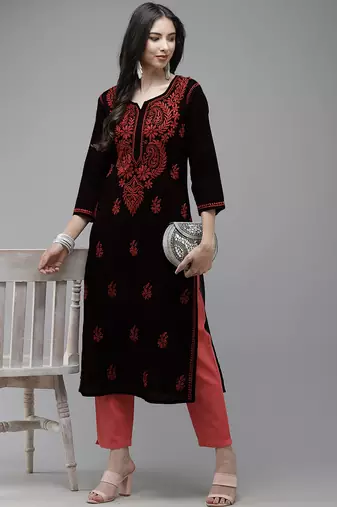 hand embroidered black cotton lucknowi chikankari straight kurta