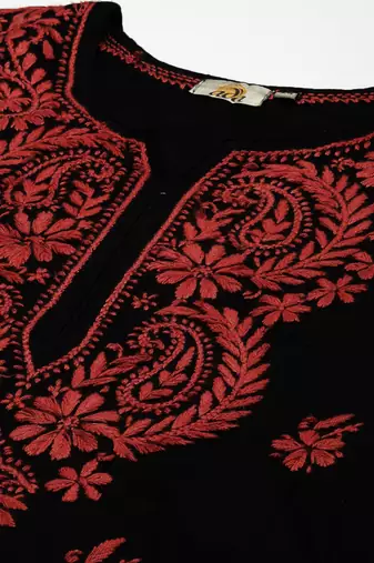hand embroidered black cotton lucknowi chikankari straight kurta