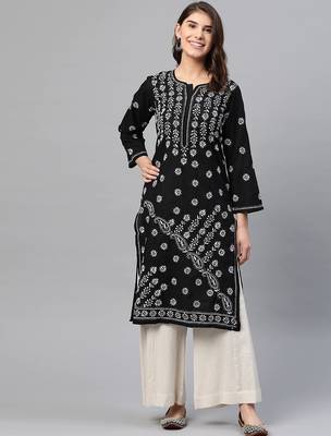 hand embroidered black cotton lucknowi chikankari straight kurta 1