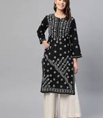 hand embroidered black cotton lucknowi chikankari straight kurta