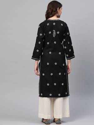 hand embroidered black cotton lucknowi chikankari straight kurta 2
