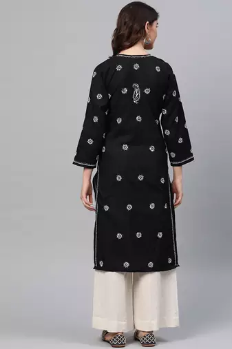 hand embroidered black cotton lucknowi chikankari straight kurta