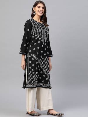 hand embroidered black cotton lucknowi chikankari straight kurta 3