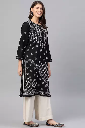 hand embroidered black cotton lucknowi chikankari straight kurta