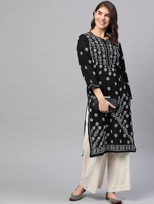 hand embroidered black cotton lucknowi chikankari straight kurta 4