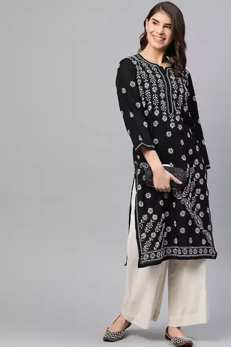 hand embroidered black cotton lucknowi chikankari straight kurta