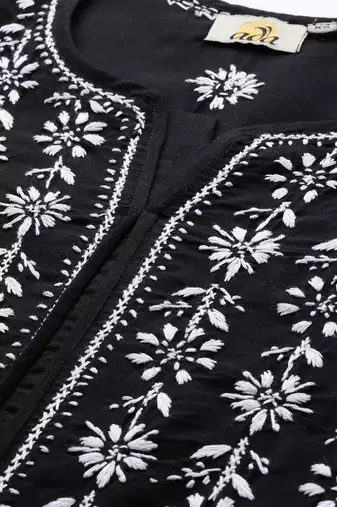 hand embroidered black cotton lucknowi chikankari straight kurta