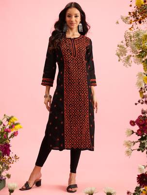 hand embroidered black cotton lucknowi chikankari straight long kurta 1