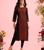 hand embroidered black cotton lucknowi chikankari straight long kurta