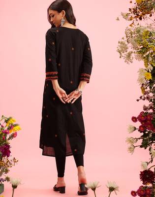 hand embroidered black cotton lucknowi chikankari straight long kurta 2
