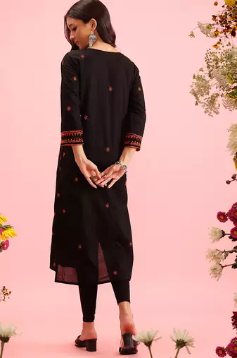 hand embroidered black cotton lucknowi chikankari straight long kurta