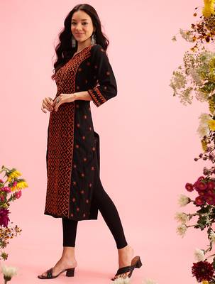 hand embroidered black cotton lucknowi chikankari straight long kurta 3