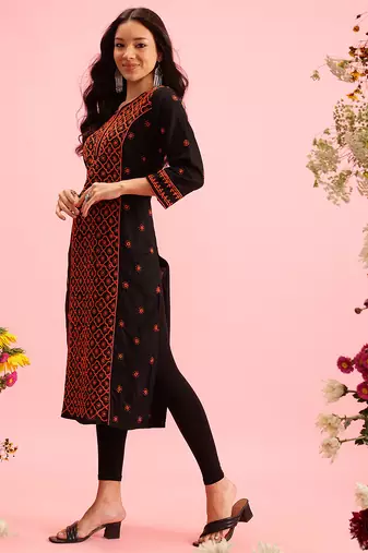 hand embroidered black cotton lucknowi chikankari straight long kurta