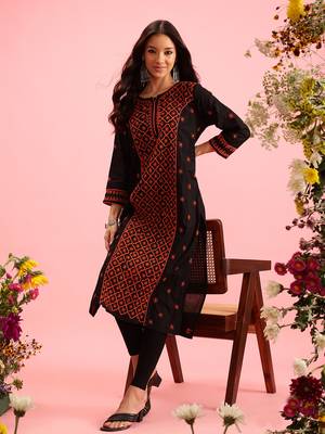 hand embroidered black cotton lucknowi chikankari straight long kurta 4