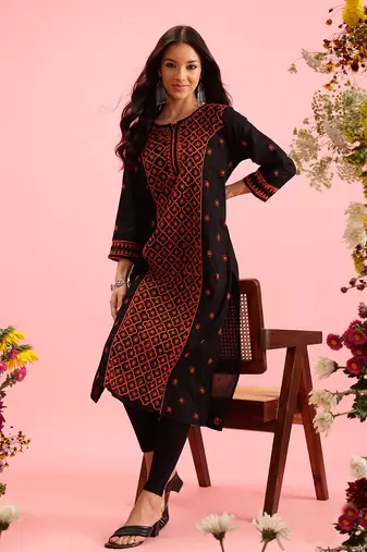 hand embroidered black cotton lucknowi chikankari straight long kurta