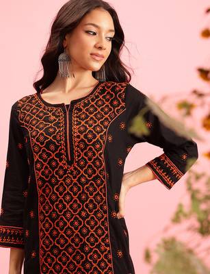 hand embroidered black cotton lucknowi chikankari straight long kurta 5