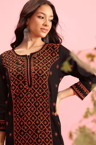 hand embroidered black cotton lucknowi chikankari straight long kurta