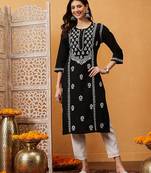 hand embroidered black cotton lucknowi chikankari straight kurta