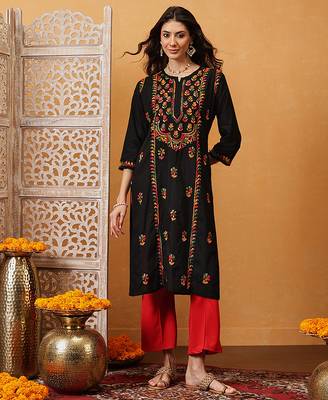 hand embroidered black cotton lucknowi chikankari straight kurta 1