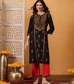 hand embroidered black cotton lucknowi chikankari straight kurta