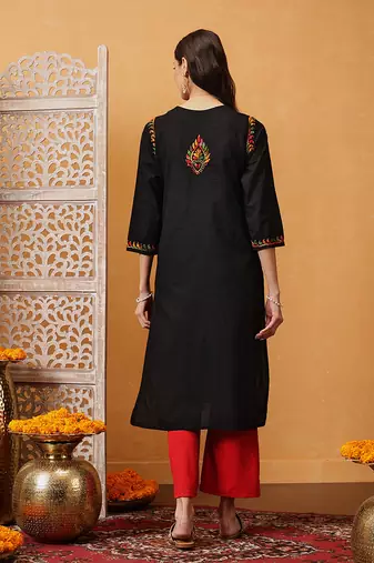hand embroidered black cotton lucknowi chikankari straight kurta