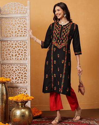 hand embroidered black cotton lucknowi chikankari straight kurta 3