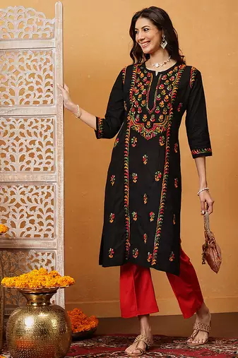 hand embroidered black cotton lucknowi chikankari straight kurta