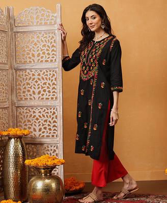 hand embroidered black cotton lucknowi chikankari straight kurta 4