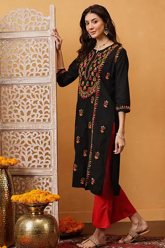 hand embroidered black cotton lucknowi chikankari straight kurta