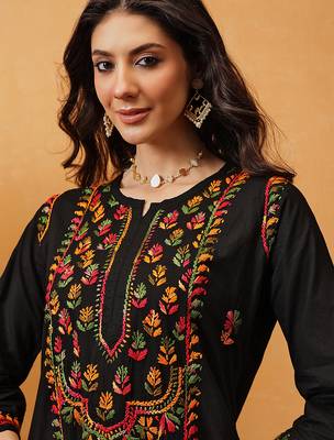 hand embroidered black cotton lucknowi chikankari straight kurta 5