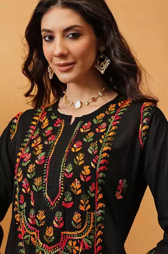 hand embroidered black cotton lucknowi chikankari straight kurta