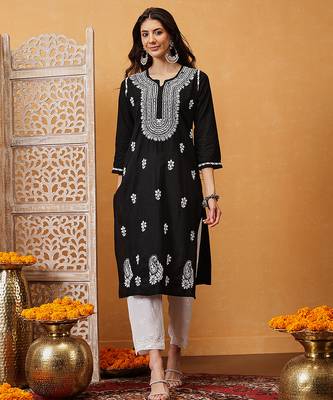 hand embroidered black cotton lucknowi chikankari straight kurta 1