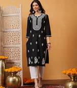 hand embroidered black cotton lucknowi chikankari straight kurta