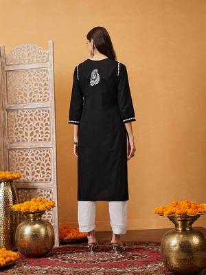 hand embroidered black cotton lucknowi chikankari straight kurta 2