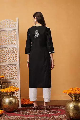 hand embroidered black cotton lucknowi chikankari straight kurta