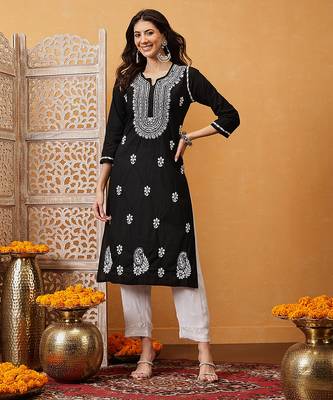 hand embroidered black cotton lucknowi chikankari straight kurta 3