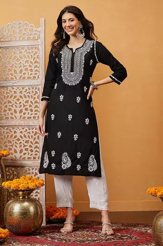 hand embroidered black cotton lucknowi chikankari straight kurta