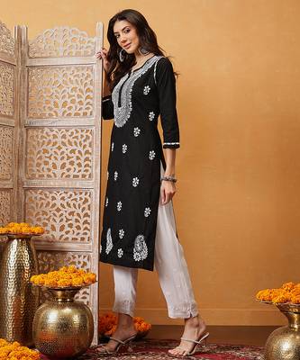 hand embroidered black cotton lucknowi chikankari straight kurta 4