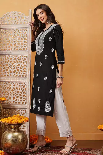 hand embroidered black cotton lucknowi chikankari straight kurta