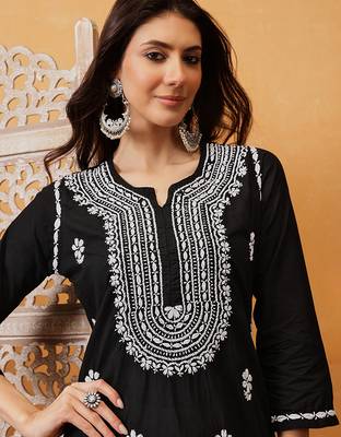hand embroidered black cotton lucknowi chikankari straight kurta 5