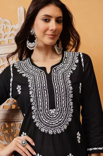 hand embroidered black cotton lucknowi chikankari straight kurta