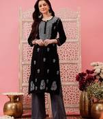 hand embroidered black cotton lucknowi chikankari straight kurta