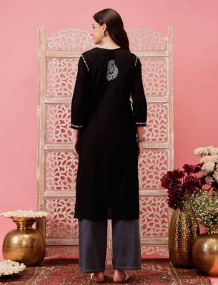 hand embroidered black cotton lucknowi chikankari straight kurta 2