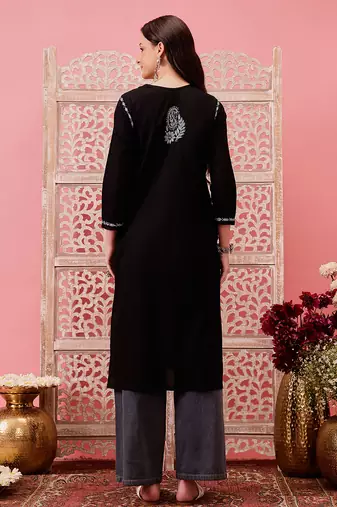hand embroidered black cotton lucknowi chikankari straight kurta
