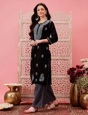hand embroidered black cotton lucknowi chikankari straight kurta 3