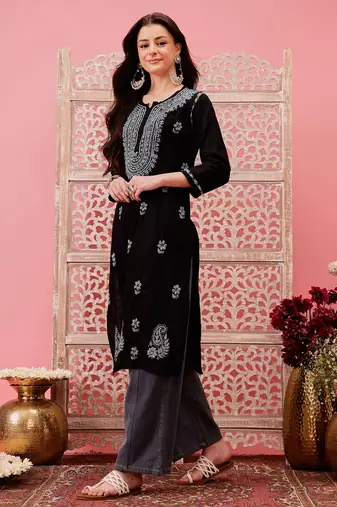 hand embroidered black cotton lucknowi chikankari straight kurta
