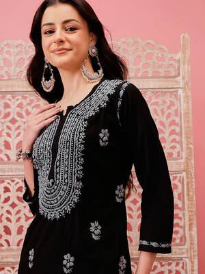 hand embroidered black cotton lucknowi chikankari straight kurta 4