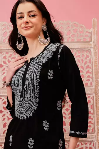 hand embroidered black cotton lucknowi chikankari straight kurta