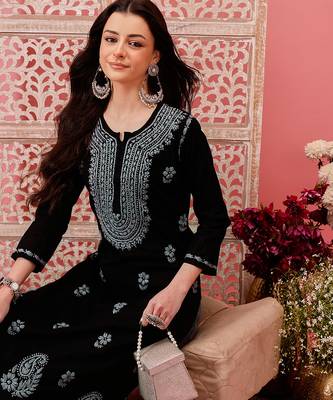 hand embroidered black cotton lucknowi chikankari straight kurta 5